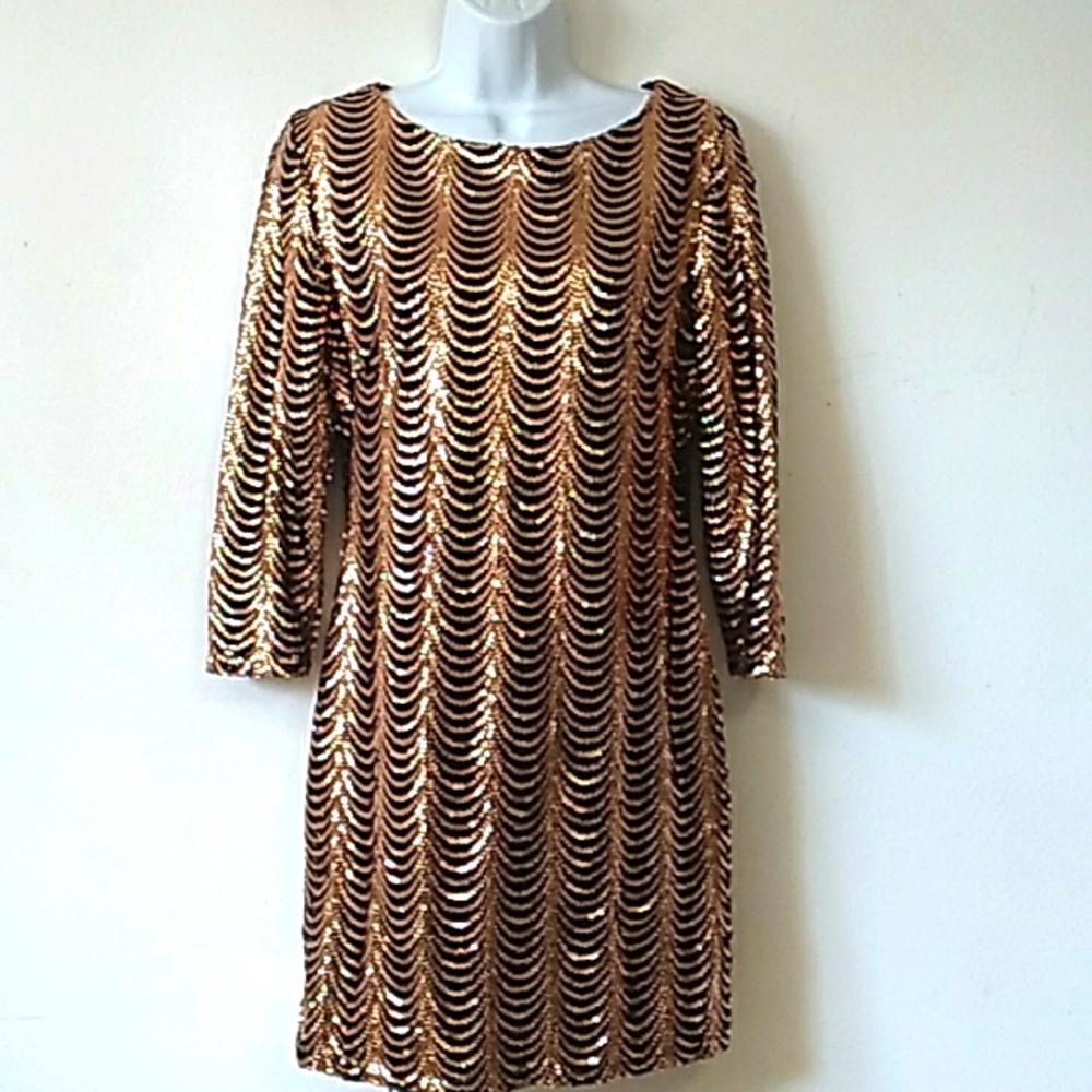 charlotte russe copper metallic sequins mini dress with 3/4 sleeves M